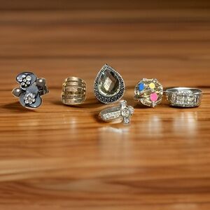 6 Vintage Assorted Silver & Gold Costume Rings, Adjustable & Fixed Sizes